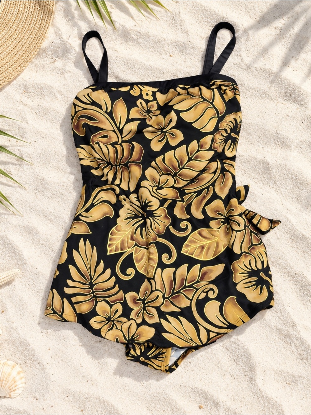 Maxine of Hollywood Black & Gold Tropical Floral One Piece Swimsuit Size 12 NWOT